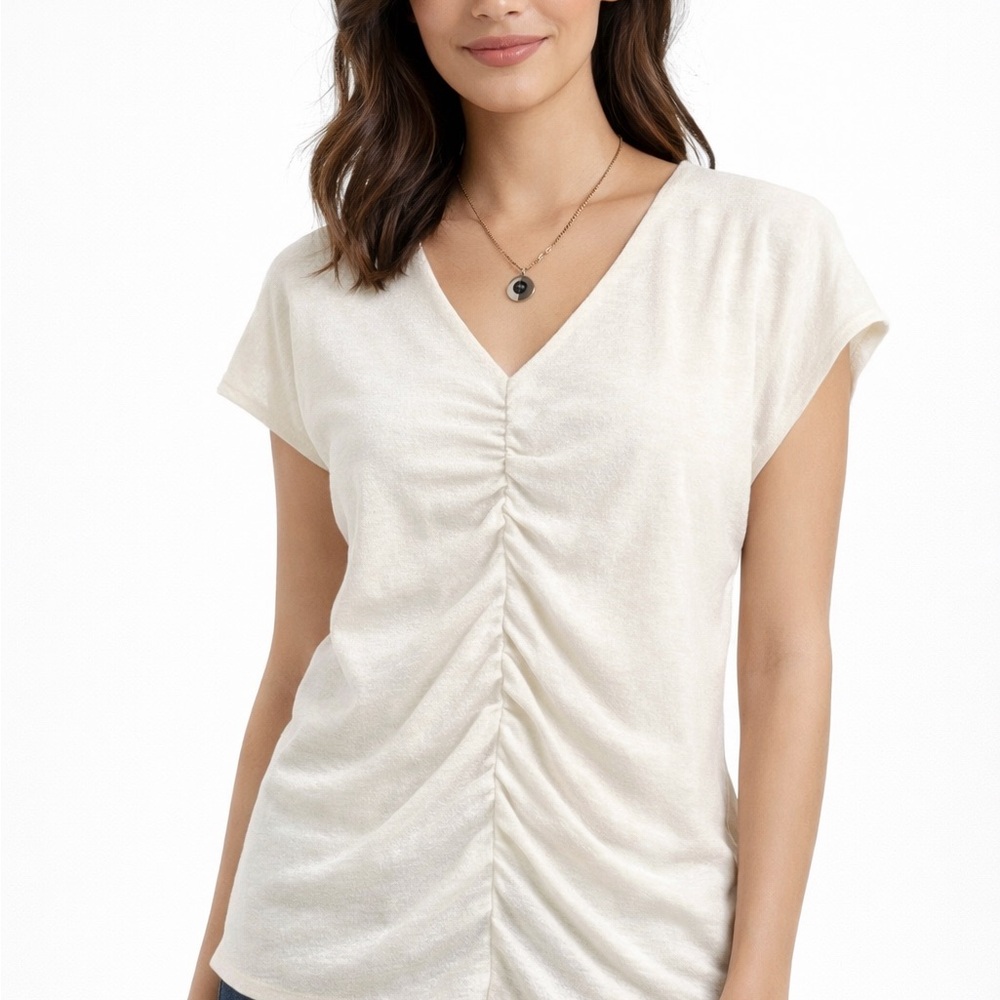 EXPRESS Cream Ruched V-Neck Cap Sleeve Top|Size‎ Small